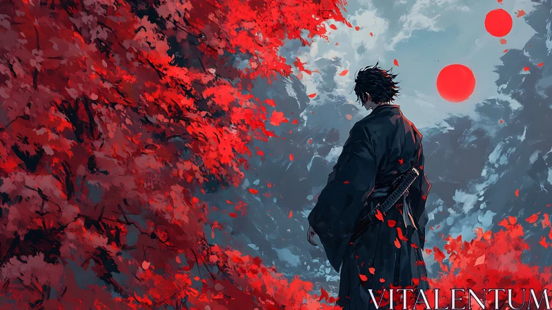 Wandering ronin beneath twin crimson suns of falling maple.