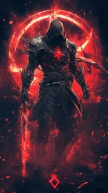 Hooded armored figure stands before circular fiery symbol