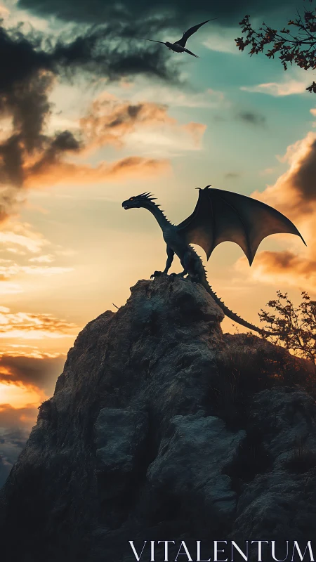 Winged dragon silhouette on rocky peak at sunset sky.