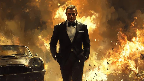 Tuxedoed agent walking from explosion beside vintage car.
