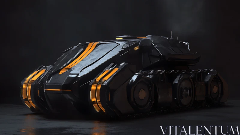 Sleek sci fi tank glowing softly in cinematic shadows.