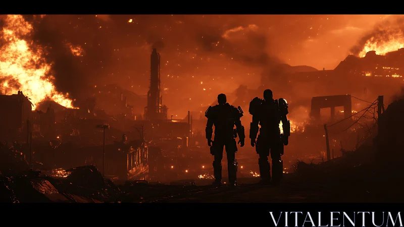 Armored soldiers silhouetted in burning postwar industrial ruin
