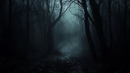 Nocturnal forest path shrouded in fog and rim-lit silhouettes.