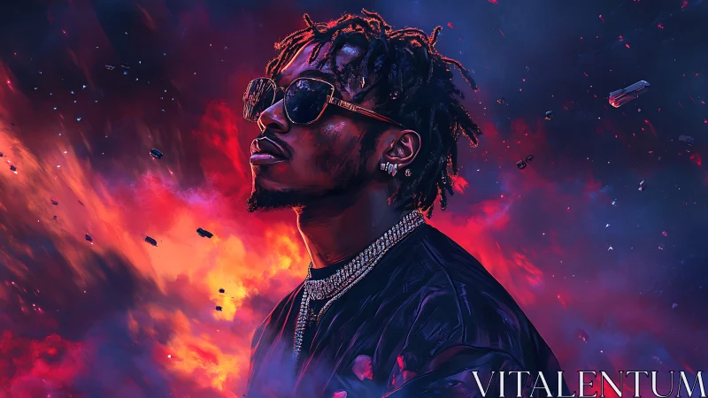 Neon backlit portrait of jeweled subject in cosmic debris field