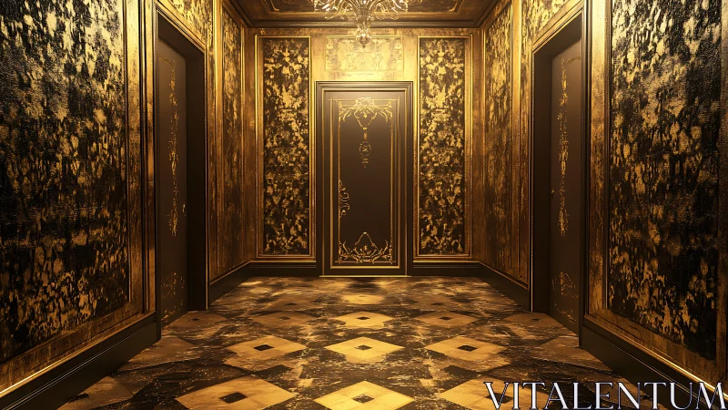 Gold-toned corridor with central door and patterned panels.