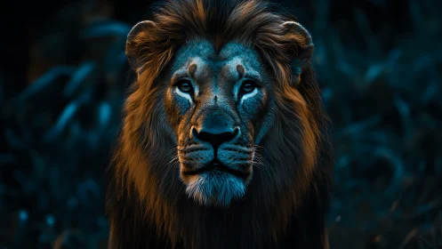 Male lion portrait under cool blue-toned low light conditions.