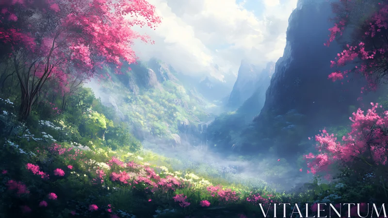 Dreamlike blossom valley beneath towering misted peaks.