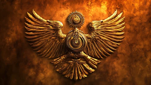 Solar firebird emblem spreads molten golden wings in glory.