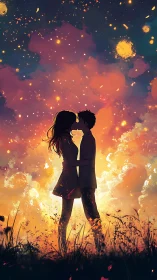 Silhouetted Couple Against Celestial Blaze.
