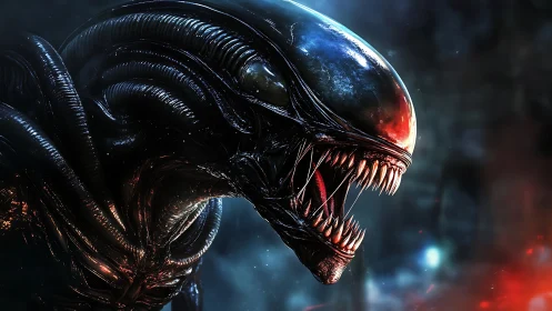 Biomechanical alien predator roars under cold cosmic light.