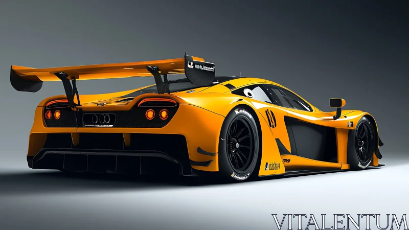 Yellow GT race car render with large rear wing profile.