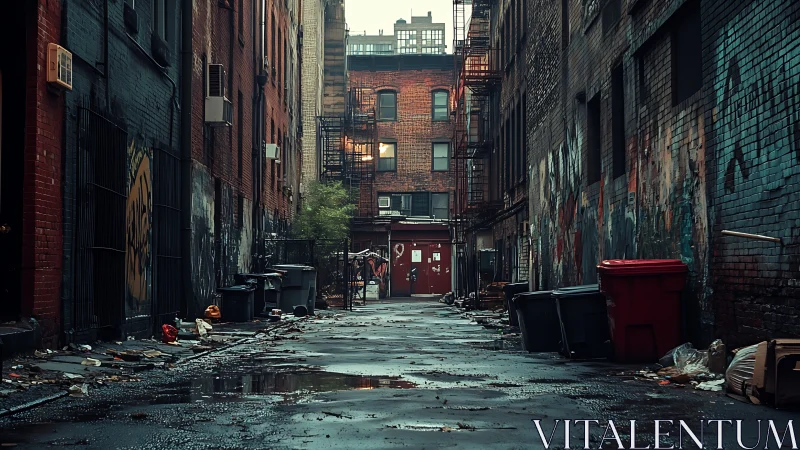 Rain-slicked graffiti alley hums with quiet urban tension.