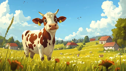 Digital painting of pastoral cow in luminous rural meadow.