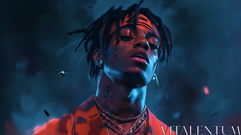 Neon-lit rap monarch rising through electric midnight haze.