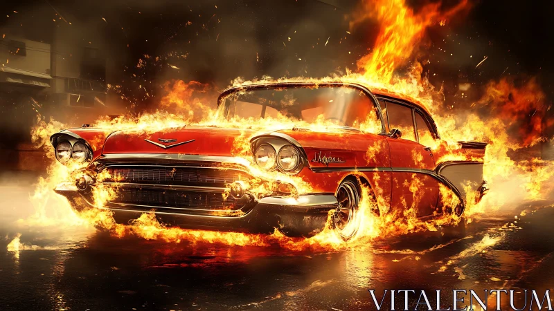 Vintage Muscle Car Engulfed in Inferno