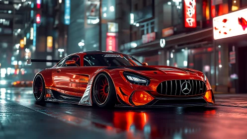 Sleek red sports car glowing under neon city lights.