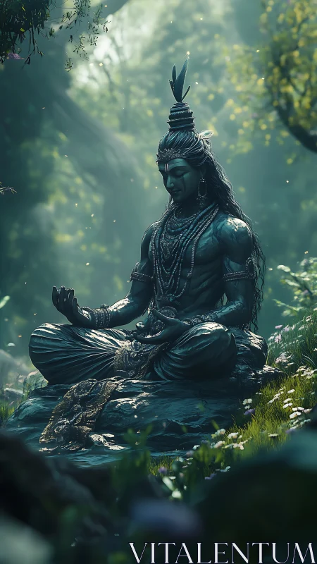 Forest meditation with serene stone deity in soft light.