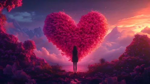 Silhouette Before Heart-Shaped Flowering Tree at Sunset.