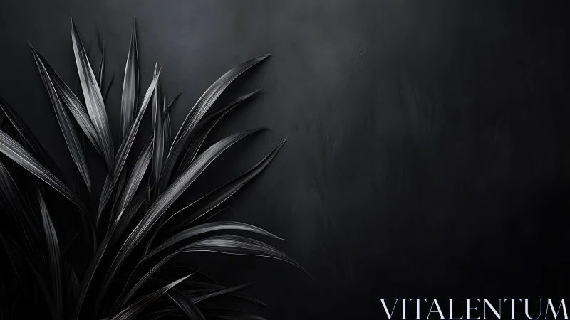 Monochrome plant leaves extend against dark textured wall