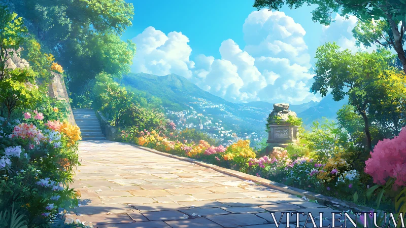 Sunlit stone path overlooks distant mountain coast town