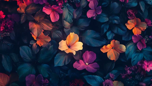 Chromatic Botanical Composition with Neon-Toned Florals and Teal Foliage.