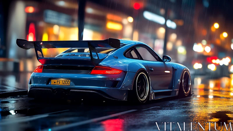 Midnight turbo coupé prowls through neon-soaked rain streets