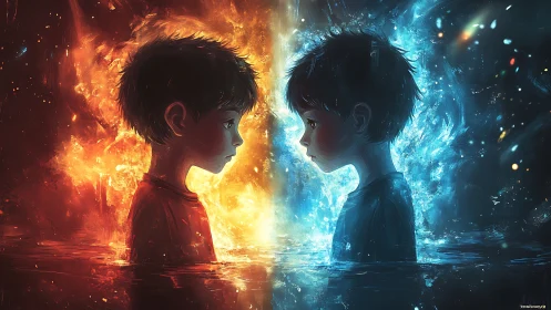 Dual elemental boys rendered in high contrast fire and water symmetry
