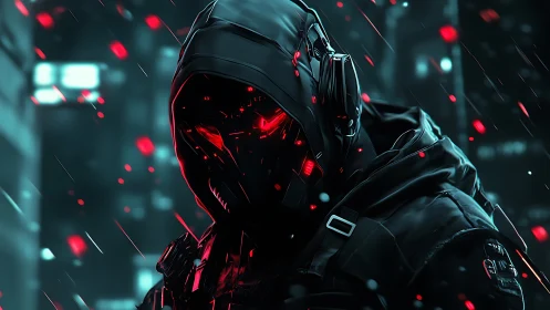Cybernetic hooded figure with glowing red eyes in rain