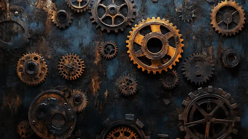 Rusty mechanical gears on dark industrial background.