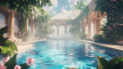 Sunlit garden pool welcomes you into a dreamy retreat