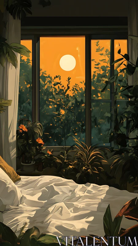 Golden hour bedroom oasis wrapped in plants and quiet light.