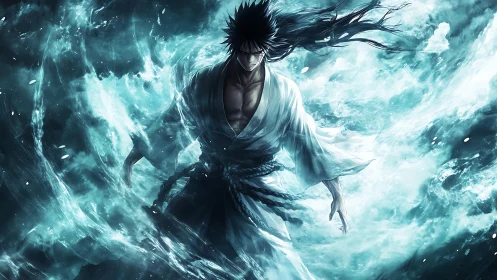 Storm-lit anime swordsman emerging through turbulent cyan waves