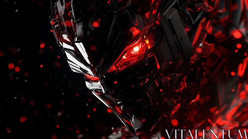 Cybernetic obsidian helmet with glowing red crystalline core.