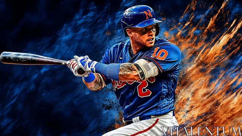 Electric baseball slugger frozen in a fiery blue swing.