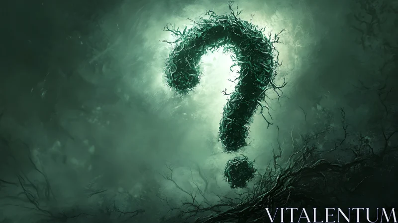 Bioluminescent thorn-vine question mark in atmospheric mist.