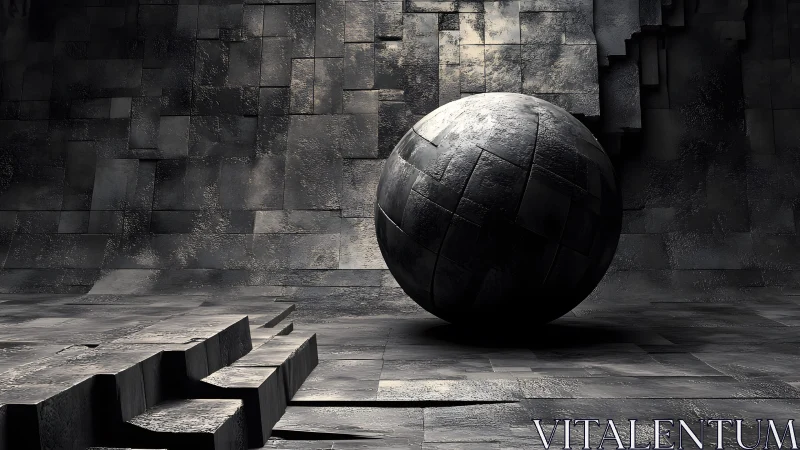 Monolithic metallic sphere within fractured geometric chamber.