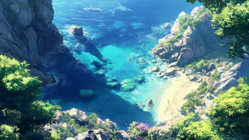 Coastal cove with turquoise waters framed by rocky cliffs and vegetation.