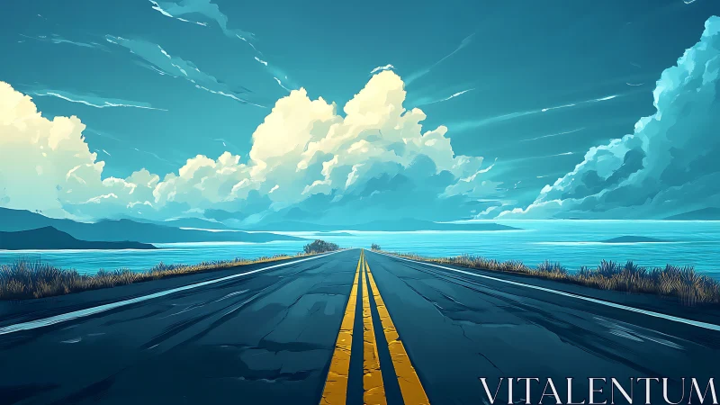 Two-lane highway leading to distant lake under clouded sky.