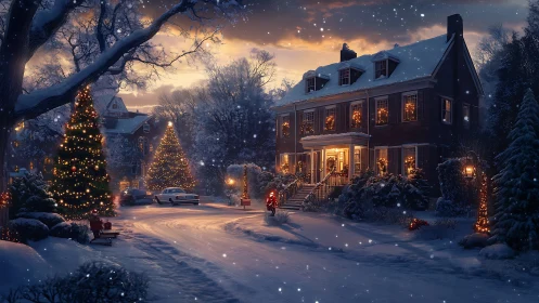 Cozy winter house glowing with gentle holiday lights at dusk.