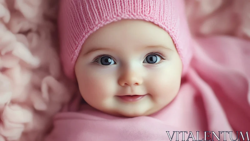 Infant in pink knit beanie against soft textured background
