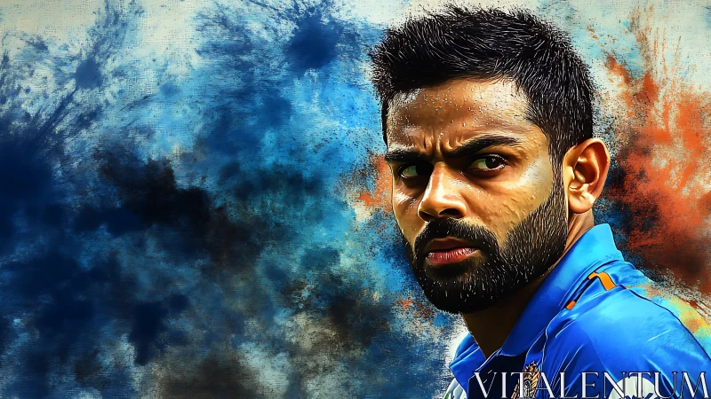 Intense cricketer portrait against abstract blue splatter field.