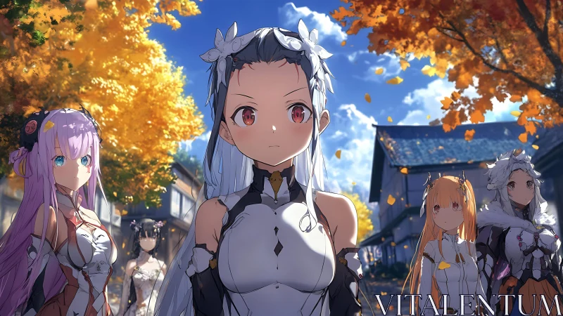 Group of fantasy girls in detailed outfits on autumn street.