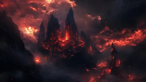 Infernal Citadel Ablaze: Dark Gothic Towers Engulfed in Cosmic Flames.