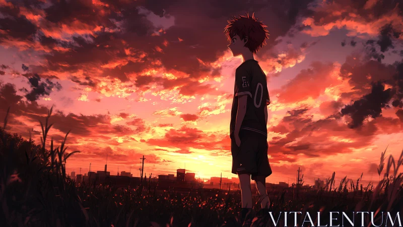 Backlit anime youth under volumetric crimson sunset sky.