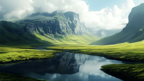 Sunlit green valley and river beneath towering misty cliffs.