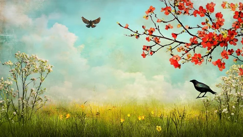 Spring meadow birds under blossoming red tree branches