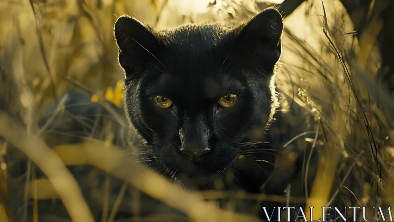 Melanistic Felid Portrait with Golden Iris Luminescence and Warm Backlighting