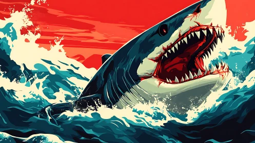 Ferocious shark lunging from violent ocean waves at dusk.