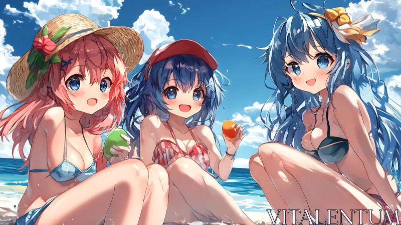 Sunlit seaside friendship with sparkling anime smiles.