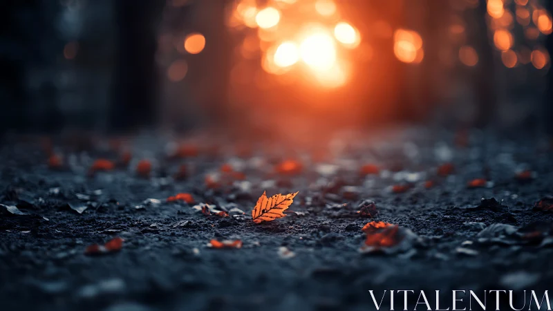 Single orange leaf lies on forest ground under backlit sunset